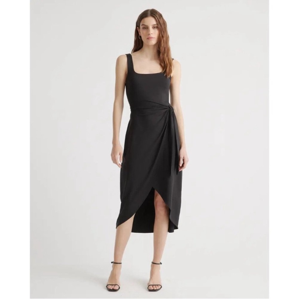 Quince Black Tencel Jersey Side Tie Dress Sleeveless Midi Wrap sz XS Women's NWT